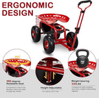 VINGLI Garden Cart with Rolling Seat, Wheels, Adjustable Steering Handle & Utility Tool Tray, Planting Wagon Scooter, Gardening Tool for Senior, for Patio, Backyard, Lawn & Outdoor (red)