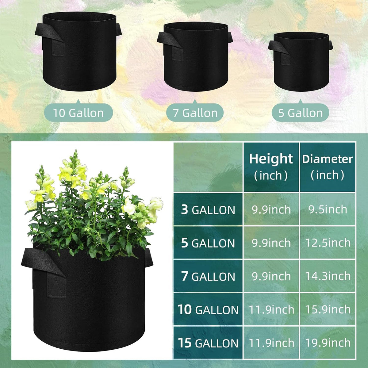 200 Pack 10 Gallons Grow Bags, Non-Woven Fabric Pots Plant Bags, Plant Grow Bags with Handles, Garden Plant Bags for Potatoes, Carrots, Tomatoes and Other Vegetable,Fruits