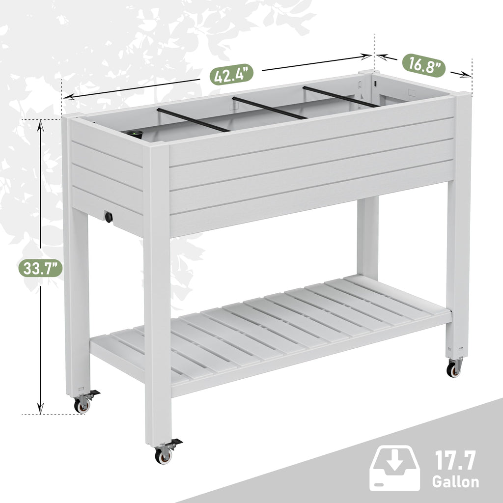 WTFGO Elevate 33.7" Tall Raised Garden Bed with Wheels, Divisible Resin Planter Box with Drainage Gauge & Storage Shelf, Herb Planter for Garden Patio Backyard, Ashen (33.7" h)