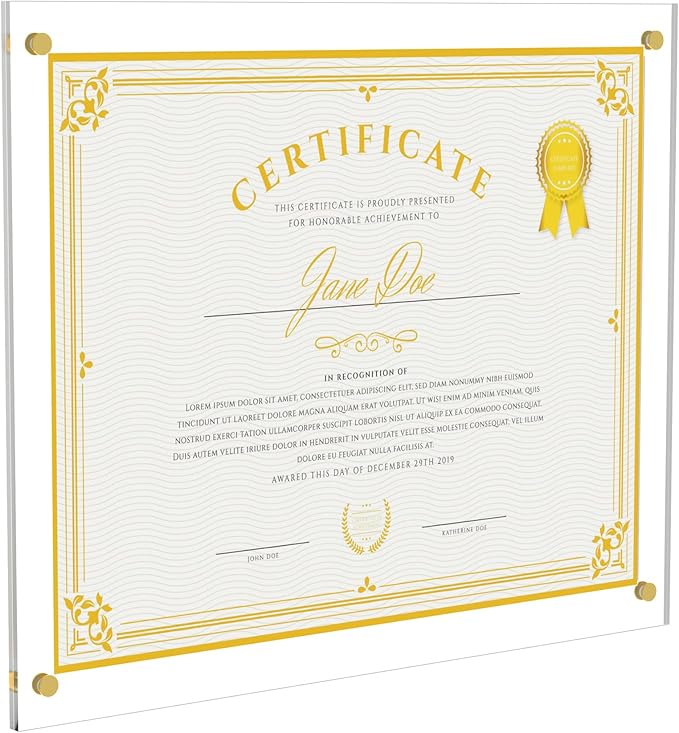 Acrylic Picture Frame for Wall, Clear Diploma Frame, No Drill Floating Frameless Photo Frame for Diploma Certificate Degree Document & Artworks Display, Graduation Gift for Students (1 Pack, 11X14 Straight edge)
