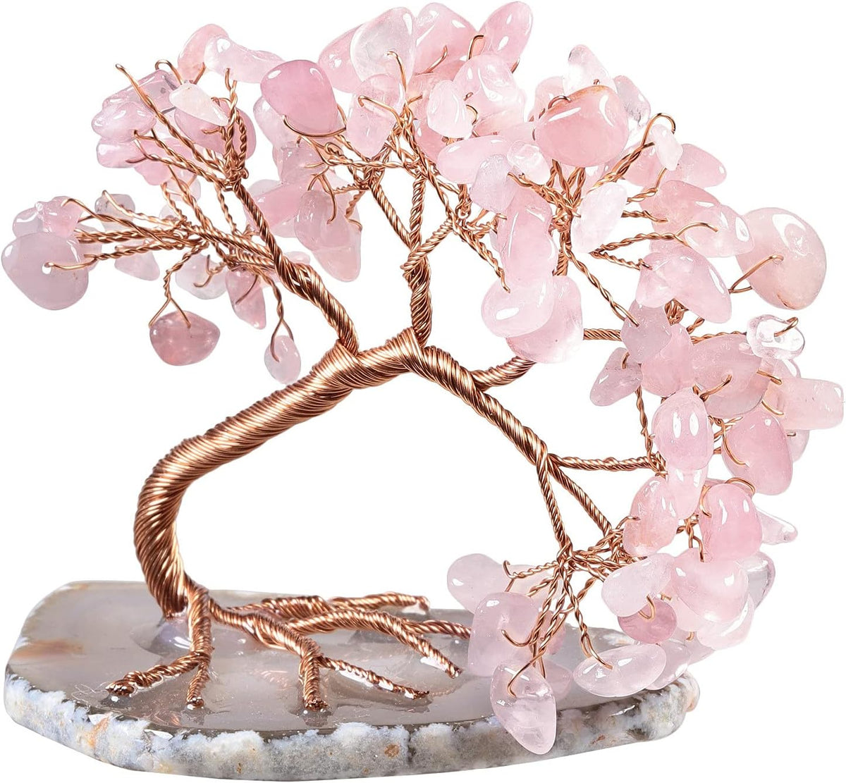 TUMBEELLUWA Reiki Crystal Money Tree with Agate Slice Base Feng Shui Stone Bonsai Tree Figure Decor for Happiness Good Luck and Wealth, Rose Quartz