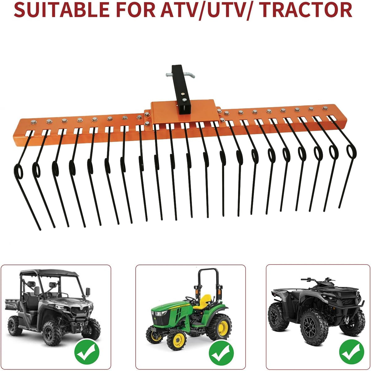 48" Durable Pine Straw Rake Steel Spring Landscape Rake Fits 2" Receiver for Lawn Tractors or ATV/UTV，Orange