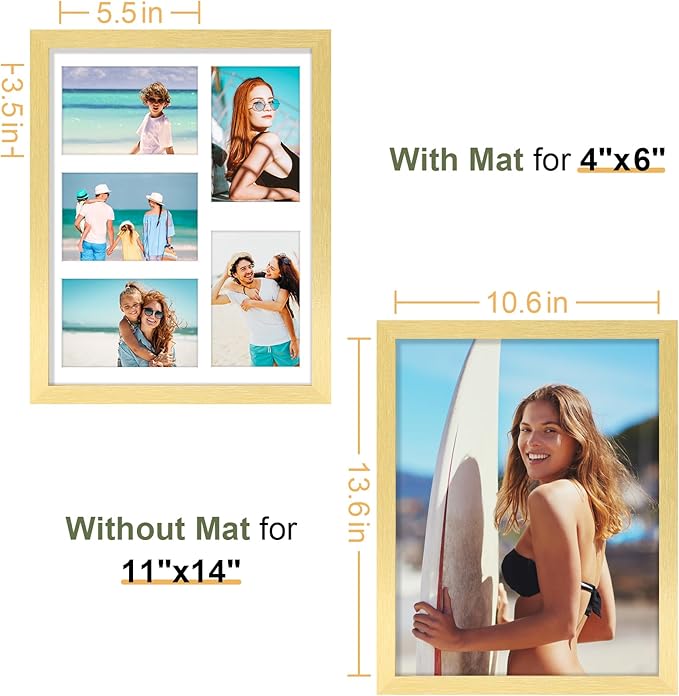 Vittanly 11x14 Collage Picture Frame, Displays 5Pcs 4x6 Pictures with Mat, Picture Frames Collage Wall Decor, Gold, 1 Pack