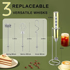 YUSWKO Champagne Gold Handheld Milk Frother Wand with Stand for Coffee, Rechargeable Electric Whisk with 3 Heads 3 Speeds Drink Mixer Coffee Frother For Latte, Cappuccino, Hot Chocolate, Egg