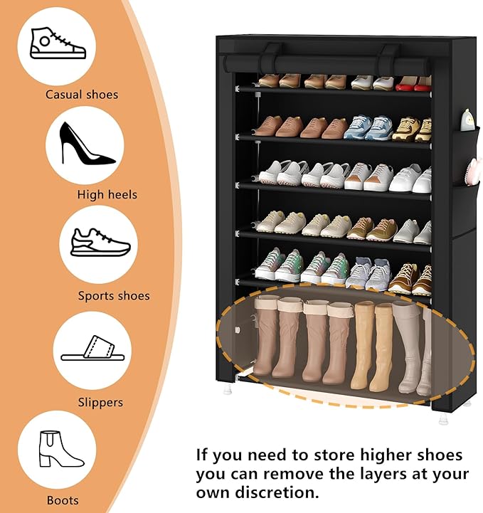 Laiensia 7-Tier Vertical Shoe Rack Organizer, Space Saving Shoe Storage Organizer, Non-Woven Cover Shoe Shelf Holds 28-35Pairs for Bedroom, Hallway, Closet Entryway, Black