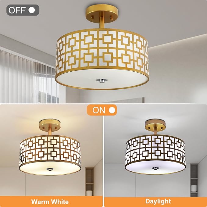 DLLT Flush Mount Ceiling Light: Modern 3-Light Semi Flush Mount Light Fixture - Drum Kitchen Lighting Fixture for Dining Room - Gold Bedroom Ceiling Lamp with Double Shade