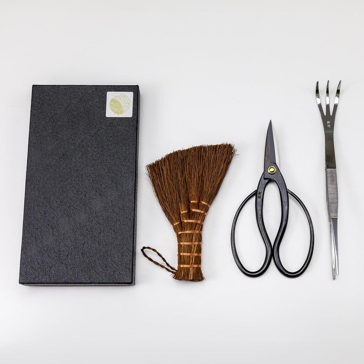 Wazakura Japanese Bonsai Garden 3PCS Tool Starter Kit, Made in Japan, Traditional Bonsai Scissors, Stainless Tweezers with Rake, Chinese Broom. Beginner Set wit Tweezers, Shears and Brush