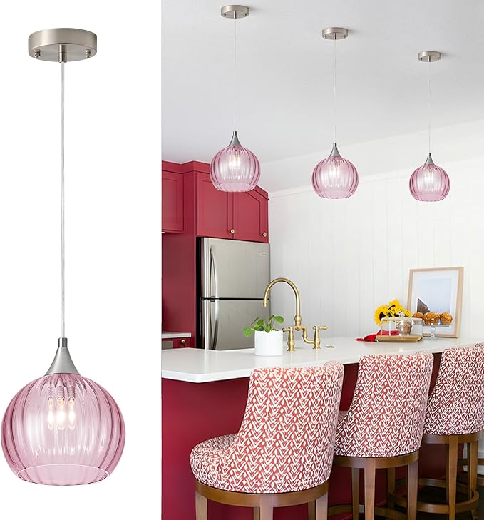 Brushed Nickel Pendant Lights Kitchen Island, Globe Pendant Light Fixtures with 8 Inch Clear Glass Shade, Modern Hanging Light Fixtures for Kitchen, Bedroom (1 Pack - Pink Glass Pendant Light)