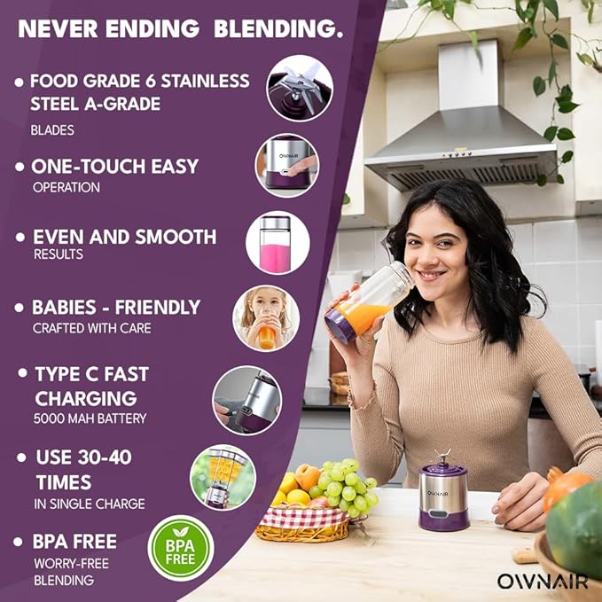 Portable Blender For Smoothie & Juices, Portable Juicer mixer grinder, baby food blender, Type C, 5000 mah battery, Smoothie maker blender, 450ml, Stainless Steel, 240 Watts, Grey