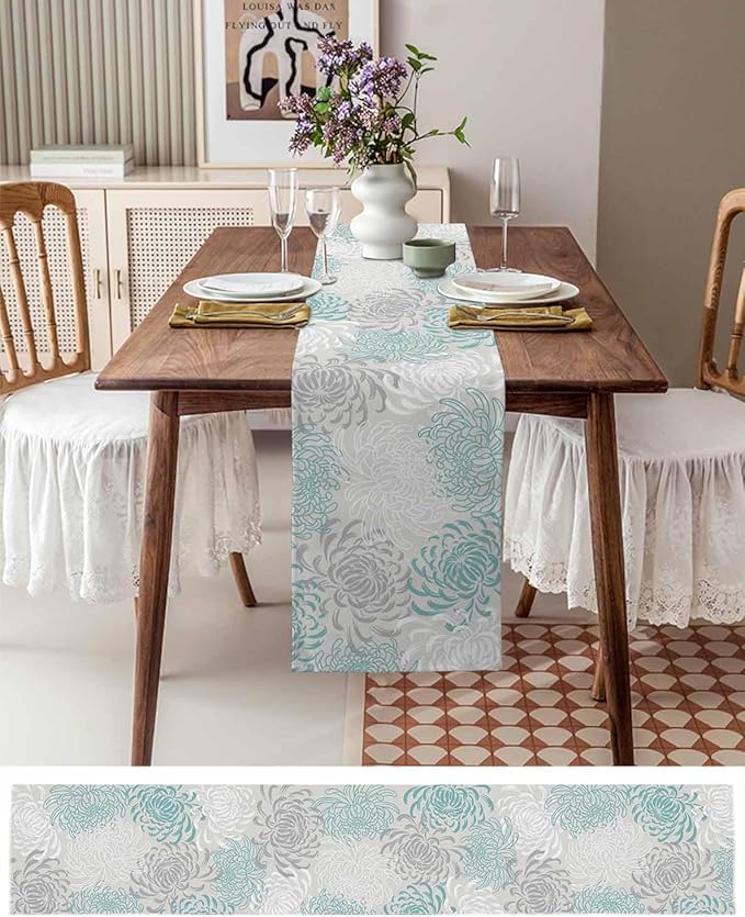 Auqa Chrysanthemum Cotton Linen Table Runner for Dining Kitchen, Wedding Outdoor Party Tablerunners Decoration, Farmhouse Floral Botanical Leaves Dresser Scarf Coffee Tablecloth Runners 13x90 Inches