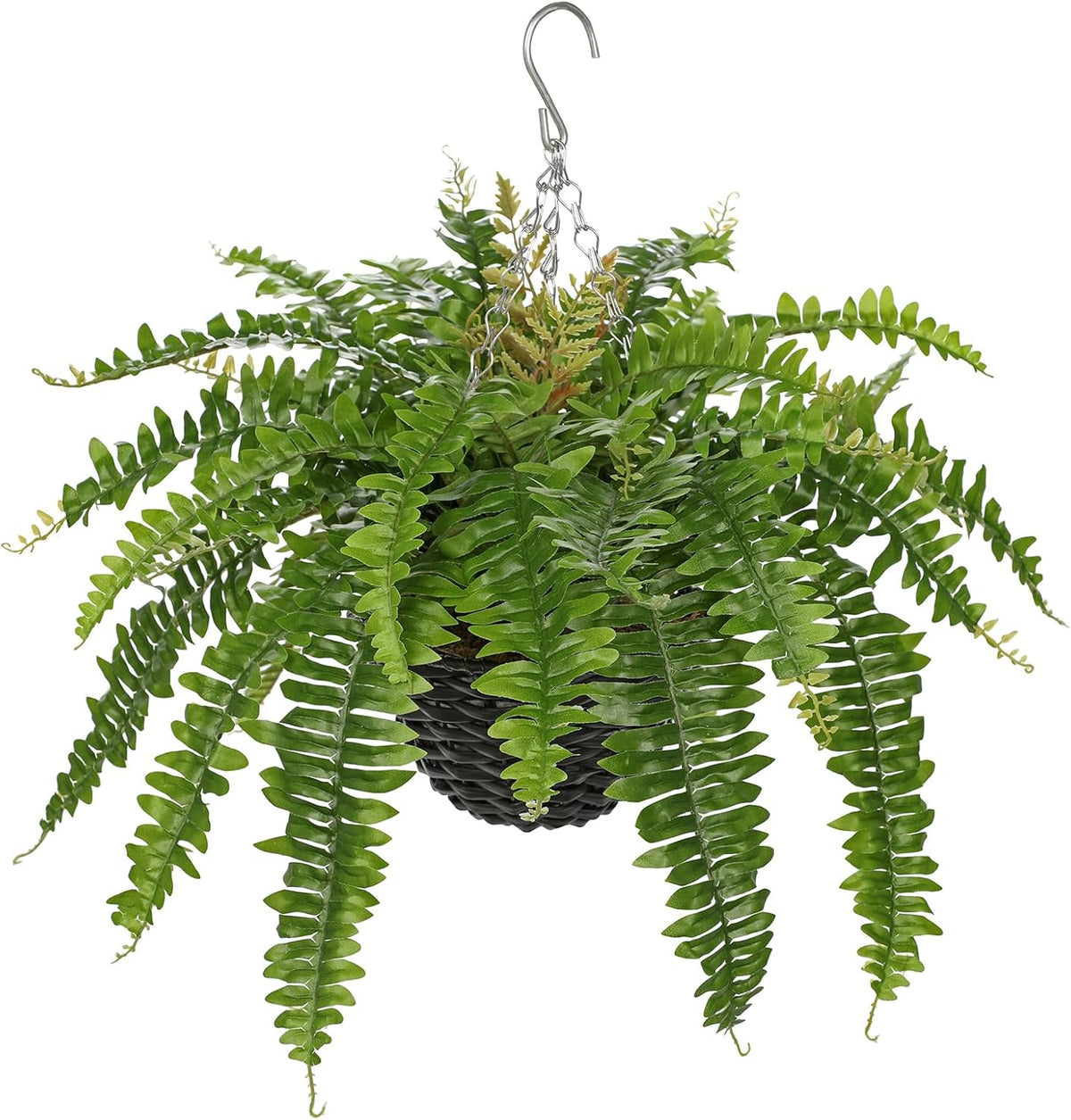 Hollyone 21" Artificial Boston Fern Hanging Basket 31 Leaves Fake Ferns in Rattan Pot Medium Greenery Plants for Outdoors & Indoor Faux Fern Bush Basket Plant Patio Garden Home Decor Green