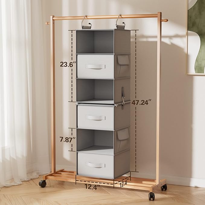 Pipishell 6-Shelf Hanging Closet Organizer, Hanging Shelves with 2 Separable 3-Tier Shelves, Closet Shelves Organizer with 3 Removable Drawers for Wardrobe, Nursery, Baby Clothes Organizer, Gray