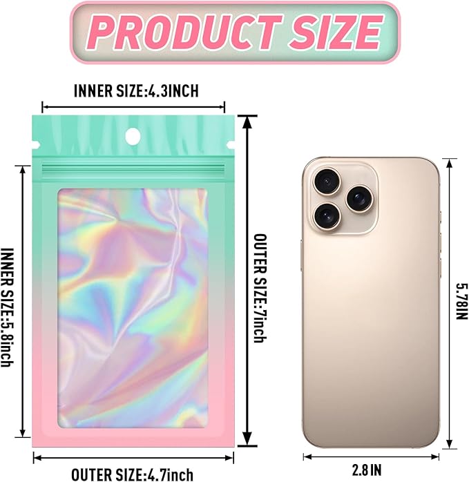 Funfery 100 Pack Gradient Holographic Bags,Mylar Resealable Bags with Zipper,Clear Window Packaging Pouchs,Smell Proof Foil Bag for Food Storage,Sample Jewelry Baggies(4.7×7In,Green Pink)