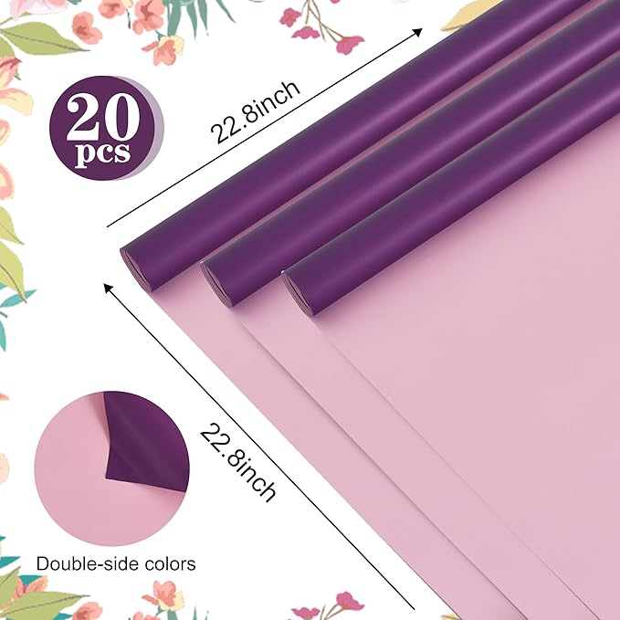 BEISHIDA 20Pcs Pink and Purple Double Sided Floral Wrapping Paper Matte Waterproof Flower Bouquet Wrapping Paper for Floral Wrap Florist Packing Supplies Birthday Valentine's Christmas Gift Wrapping