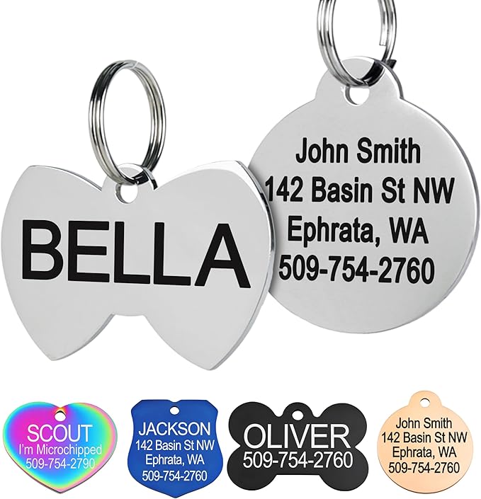 GoTags Stainless Steel Pet ID Tags, Personalized Dog Tags and Cat Tags, up to 8 Lines of Custom Text, Engraved on Both Sides, in Bone, Round, Heart, Bowtie and More (Bow Tie, Regular (Pack of 1))