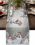 Christmas Snowman Cotton Linen Table Runner for Dining Kitchen, Snowflakes Xmas Pine Tree Wedding Outdoor Party Tablerunner Decoration Winter Bird Dresser Scarf Coffee Tablecloth Runners 13x36 Inches