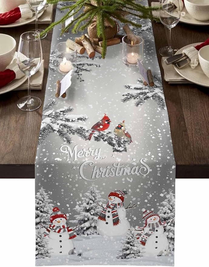 Christmas Snowman Cotton Linen Table Runner for Dining Kitchen, Snowflakes Xmas Pine Tree Wedding Outdoor Party Tablerunner Decoration Winter Bird Dresser Scarf Coffee Tablecloth Runners 13x72 Inches