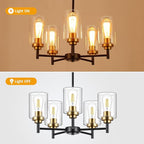 9MMML 5 Lights Glass Chandelier,Modern Kitchen Island Lighting Black and Gold Metal Dining Room Light Fixture for Living Room Foyer,E26