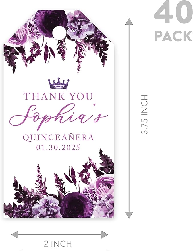 Andaz Press 40-Pack Personalized Quinceañera Favor Tags with String, Purple Florals Custom Classic Thank You Gift Tags for Quince Años XV 15th Birthday Favor Gifts Quinceanera Decorations