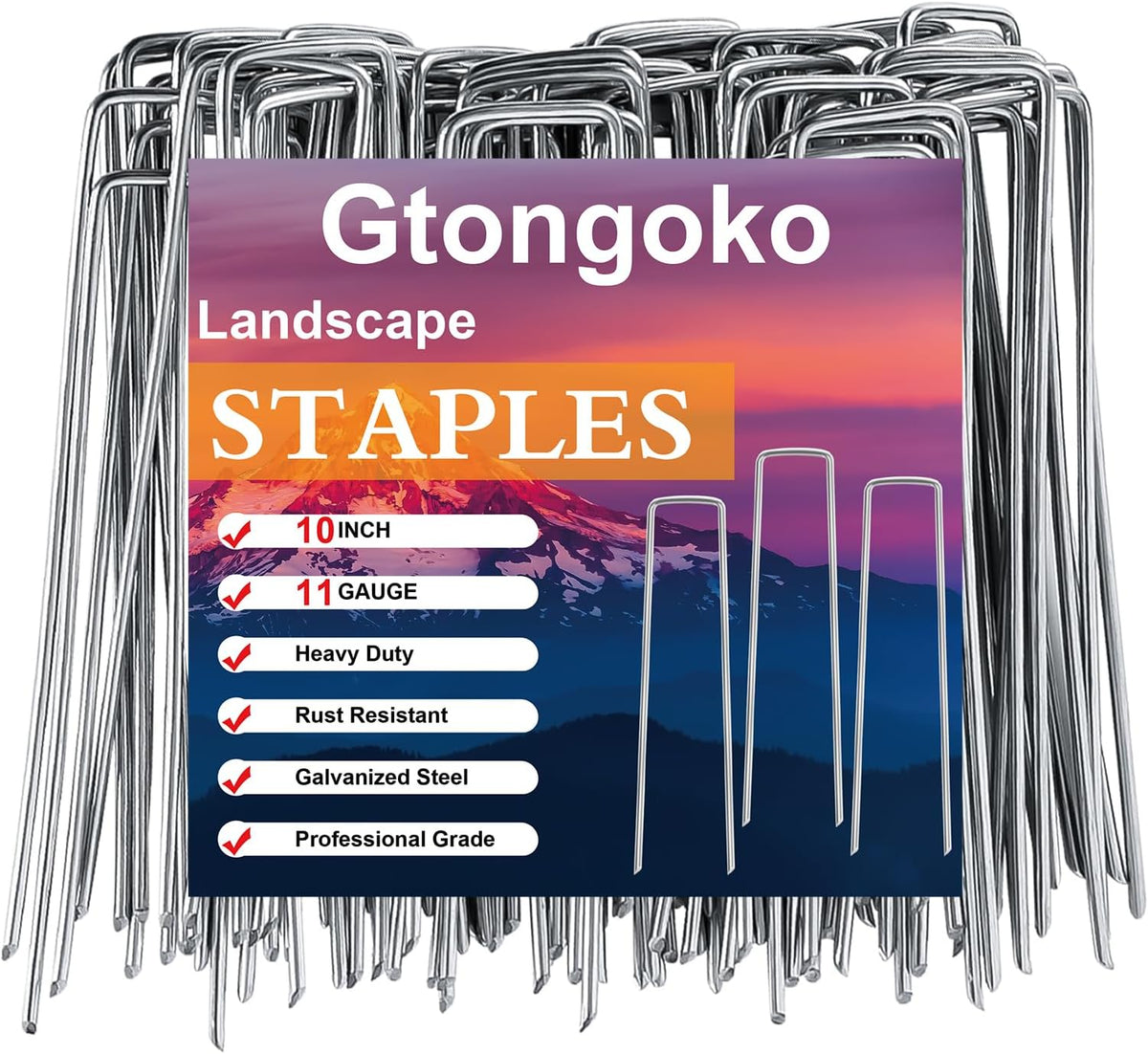 Gtongoko 50 Pack 10 Inch Galvanized Landscape Staples Garden Plant Cover Stakes 11 Gauge SOD Staples Ground Fence Stakes for Landscaping Securing Weed Barrier Fabric