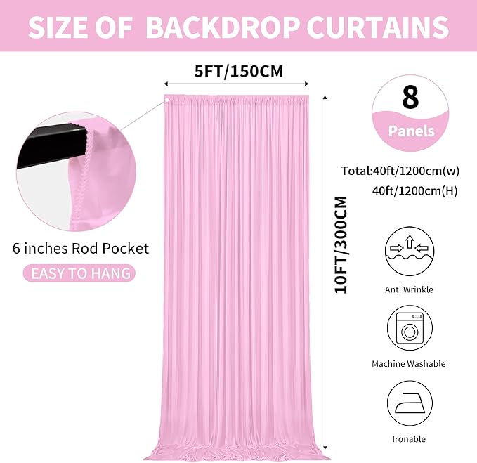 40x10ft Backdrop Curtains for Parties, 8 Panels 5x10ft Curtains Photography Drapes Rod Pocket Curtain Backdrop for Birthday Wedding Baby Shower Home Decor
