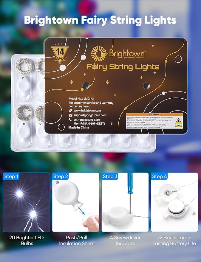 Brightown 14 Pack White LED Fairy Lights Battery Operated String Lights, 7ft 20LED Waterproof Silver Wire String Lights, Firefly Starry Moon Lights for Mason Jars DIY Christmas Wedding Party Bedroom