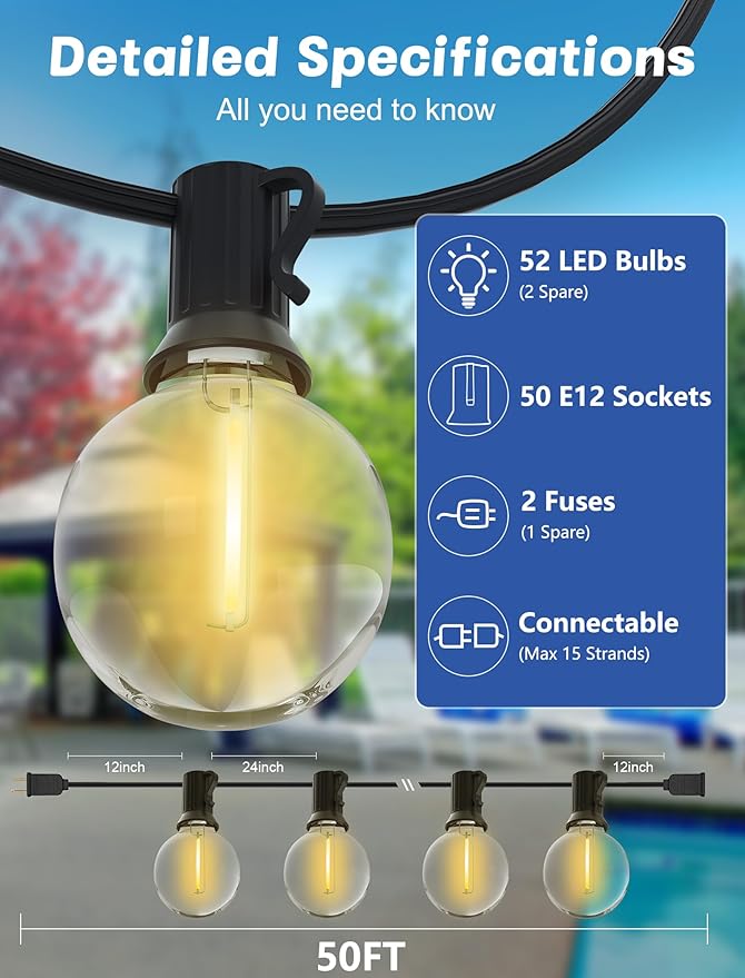 SUNSGNE Outdoor String Lights, 50FT Outdoor Globe Lights with 52 G40 Shatterproof LED Bulbs(2 Spare), String Lights for Outside Patio Porch Garden Backyard Balcony Deck Decor, E12 Sockets