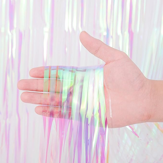 4 Pack Iridescent Transparent Foil Fringe Backdrop Curtains, Tinsel Streamers Birthday Party Decorations, Fringe Backdrop for Graduation, Baby Shower, Gender Reveal, Disco Party