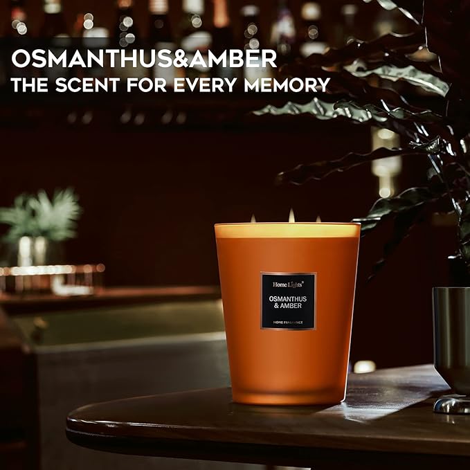 HomeLights Large Jar Candle-33.3 Oz. Natural Soy Aromatherapy Candle | Osmanthus Amber Scent | Up to 130 Hours Burn Time with 3 Cotton Wicks | Home Decorative Fragrance Candle Gift