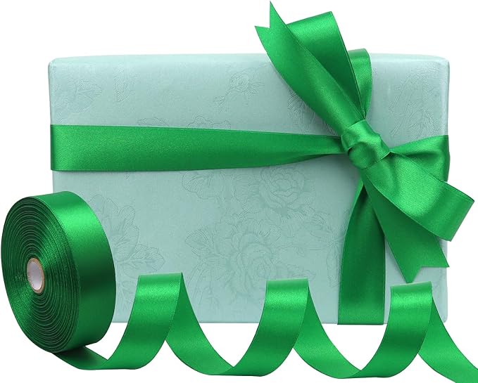 Green Solid Satin Ribbon 1 Inch 50 Yards Solid Polyester Fabric Ribbon for Gift Wrapping Wedding Christmas Baby Shower Birthday Party Decoration Handmade Immortal Flower Craft