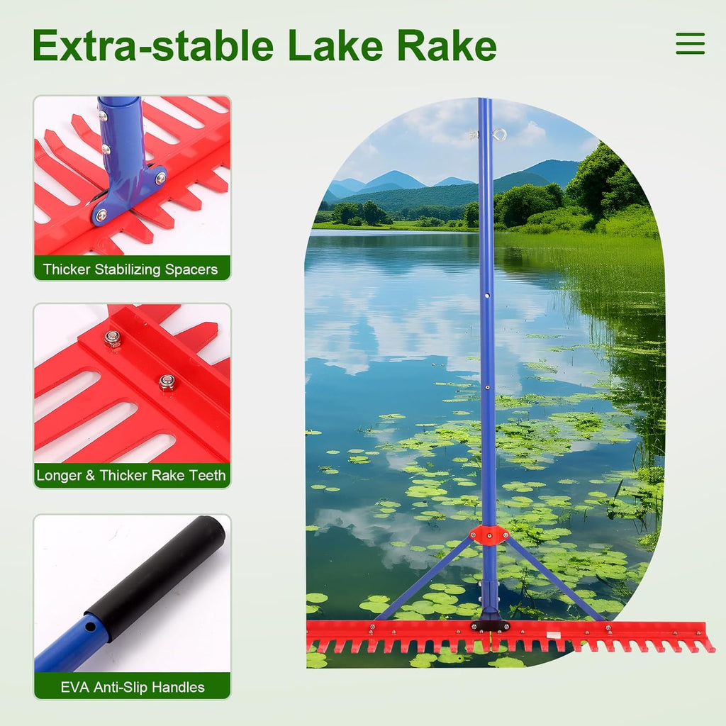 Lake Rake,Pond Weed rake,Heavy Duty Razer Rake,Large Pond Aquatic Rake-39 Wide Head with Alloy Tines , Floating Lake for Removal of Weeds Leaves & Floating Scum ,Shoreline & Beach Landscaping Tool