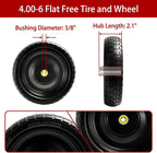 13" Flat-Free Tires and Wheels Replacement Gorilla Cart, 4.00-6 Flat-free Solid Tires for Garden Carts, Wheelbarrows & Yard Trailers - with 5/8" Bearings, 2.1" Hub Offset(4-Pack)