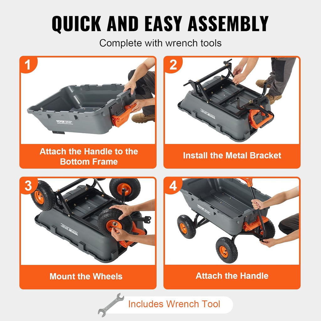 VEVOR 800lbs Poly Dump Garden Cart, Heavy Duty Yard Dump Cart Wagon, 4 Wheel Wheelbarrow with 10in Tires, 180°Rotating Handle, Steel Frame and Quick Release System