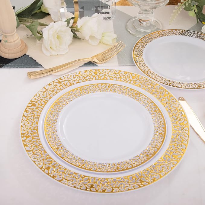 WELLIFE 175 PCS Gold Plastic Plates, Gold Rim Plastic Dinnerware Set, Includes: 25 Dinner plates, 25 Salad Plates, 25 Tumblers 9oz, 50 Forks, 25 Knives and 25 Spoons for Party