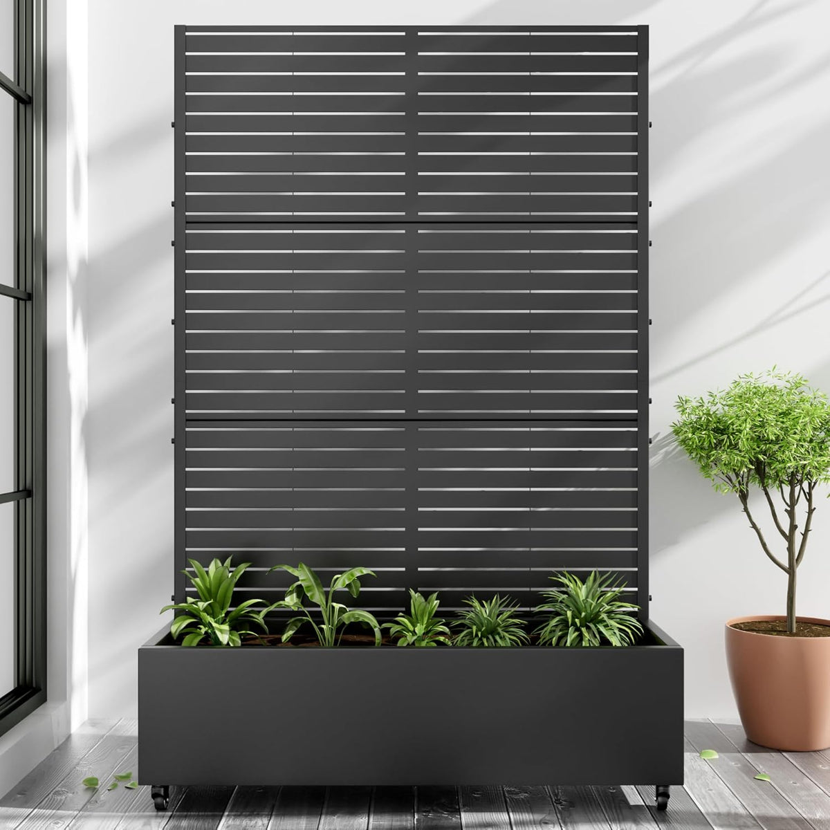 Casaphoria Metal Raised Garden Bed with Trellis and Wheels, 72"x47"x16" Planter Box for Climbing Plants, Vegetables & Vines, Features Drainage Holes and Privacy Screen (Black-Louvered)