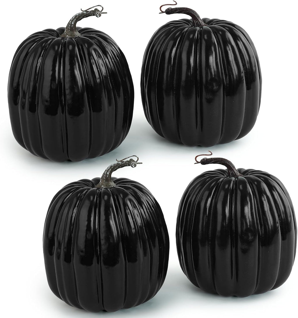 Artmag 6 Inch Large Artificial Pumpkins, 4PCS Big Black Faux Foam Harvest Pumpkins for Fall Autumn Thanksgiving Seasonal Holiday Decor