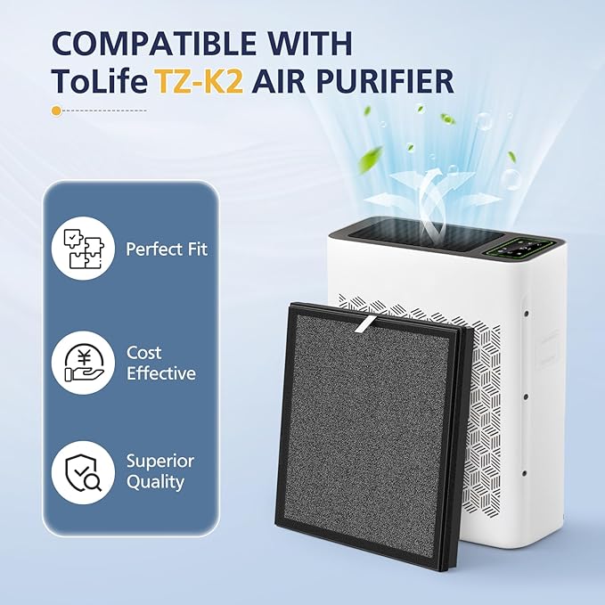 TZ-K2 Replacement Fil-ter Compatible with ToLife TZ-K2 Air Puri-fier for Home Large Room, 3-in-1 HEPA High-Efficiency Activated Carbon TZ-K2-A Fil-ter, 2 Pack