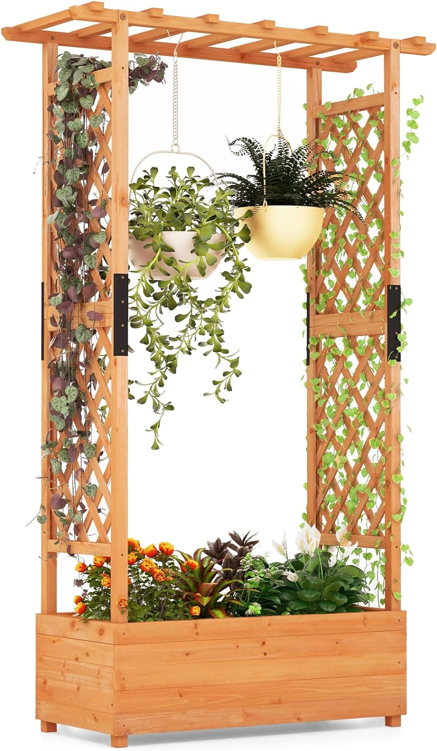 S AFSTAR 72-Inch Raised Garden Bed with Arch Trellis, Hanging Roof & Drainage Holes, Vertical Plant Container for Vine Climbing Plant Flower, Indoor Outdoor Wood Elevated Planter Box for Garden Patio
