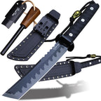 BA-KOR 15.8in Full Tang Japanese Style Outdoor Knife –8mm DC53 Steel, Nylon Fiber Handle &Sheath, Hunting Survival Knife+(5.9in) cerium igniter (Black handle and black blade (8mm))