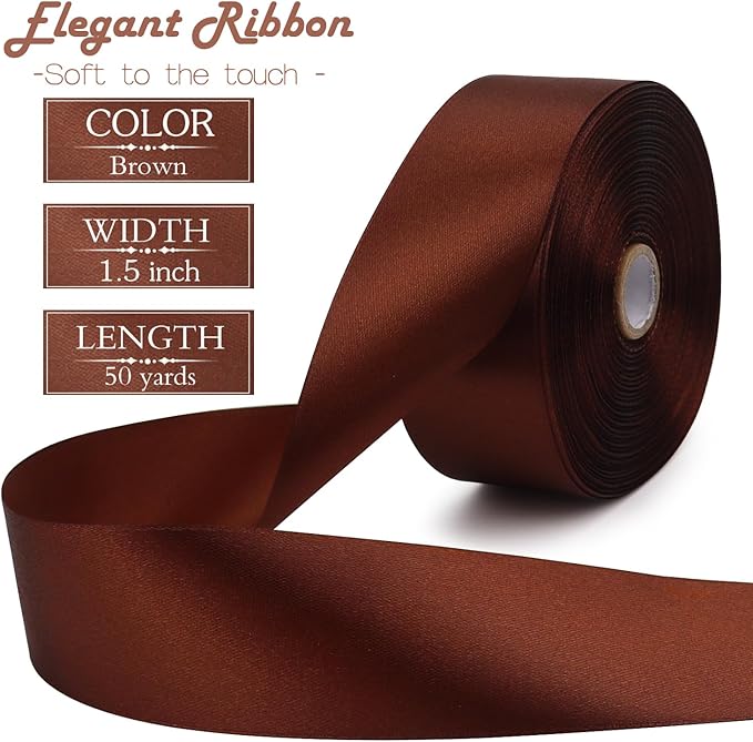 Brown Solid Satin Ribbon 1-1/2 Inch 50 Yards Solid Polyester Fabric Ribbon for Gift Wrapping Wedding Christmas Baby Shower Birthday Party Decoration Handmade Immortal Flower Craft