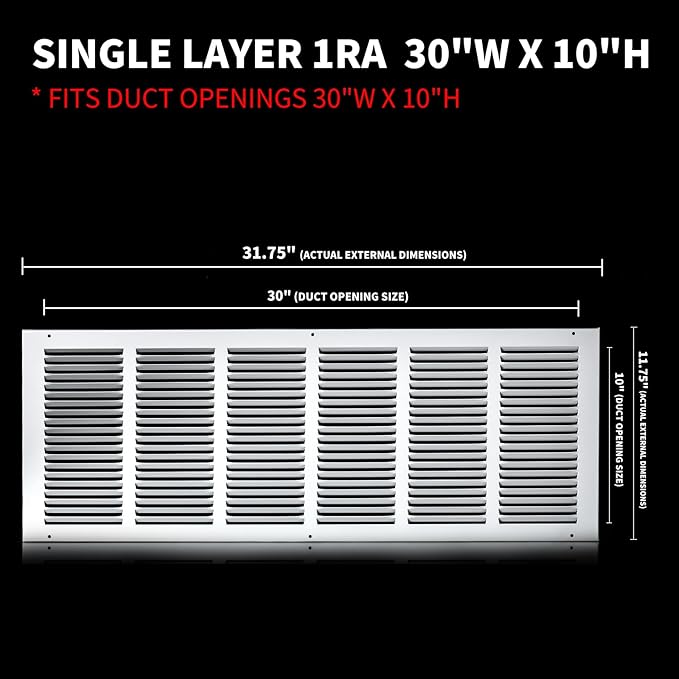 30x10 Return Air Grille(Duct Opening Size),Air Return Vent Cover,Flat Vent Cover,Rejillas De Aire Acondicionado Para Casa,Return Air Grilles,Outer Dimensions:31.75"Wx11.75"H(30"W x 10"H, Duct Opening)