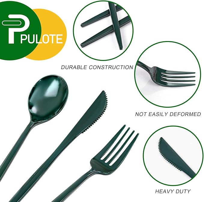 PULOTE 150PCS Green Plastic Silverware - Plastic Cutlery Set Disposable - Green Plastic Utensils Include 50 Forks, 50 Spoons, 50 Knives for Party&Christmas