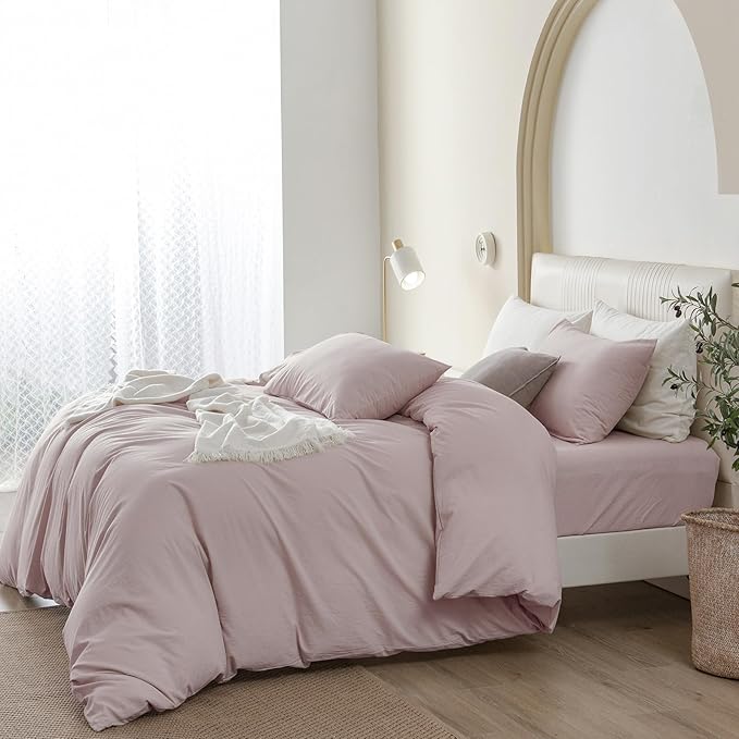 JIYUAN 100% Washed Cotton Duvet Cover Set 3 PCS Oversized King Plus, 1 Duvet Cover 128"x120"(Comforter Not Included) and 2 Pillowcases,Linen Like Comfy and Breathable,Heathered Greyish Pink