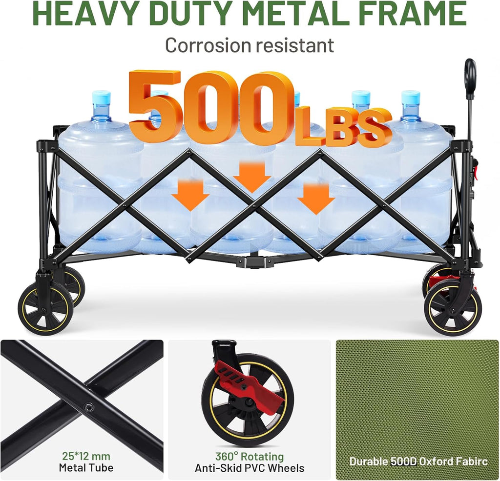 Timber Ridge 51.2'' Extended Collapsible Wagon Cart with Brakes and Cargo Net, Heavy Duty Foldable Utility Wagon with Adjustable Handle, 400L Capacity Portable Cart for Camping Sports Shopping