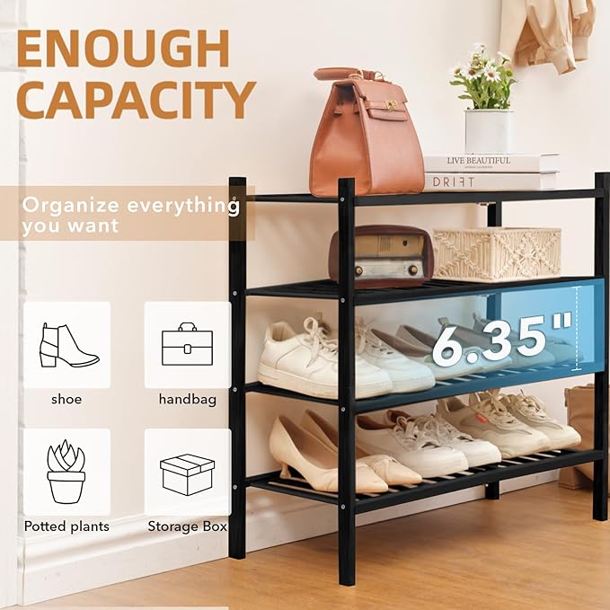 4 Tier Bamboo Shoe Rack Storage Organizer for Closet, Multifunctional Stackable Free Standing Shoe Shelf Organizer for Small Space,Entryway, Hallway, Bathroom27 x11 x26(Black, 4 Tier)