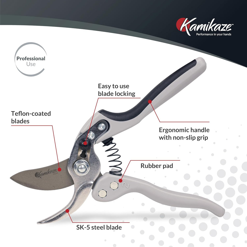 Kamikaze Pruning Shears, Professional Heavy Duty Handheld Clippers with Japanese Steel Titanium Blade, 1" Cutting Capacity, Ergonomic Handle Reduces Fatigue & Boosts Efficiency – Arthritis-Friendly