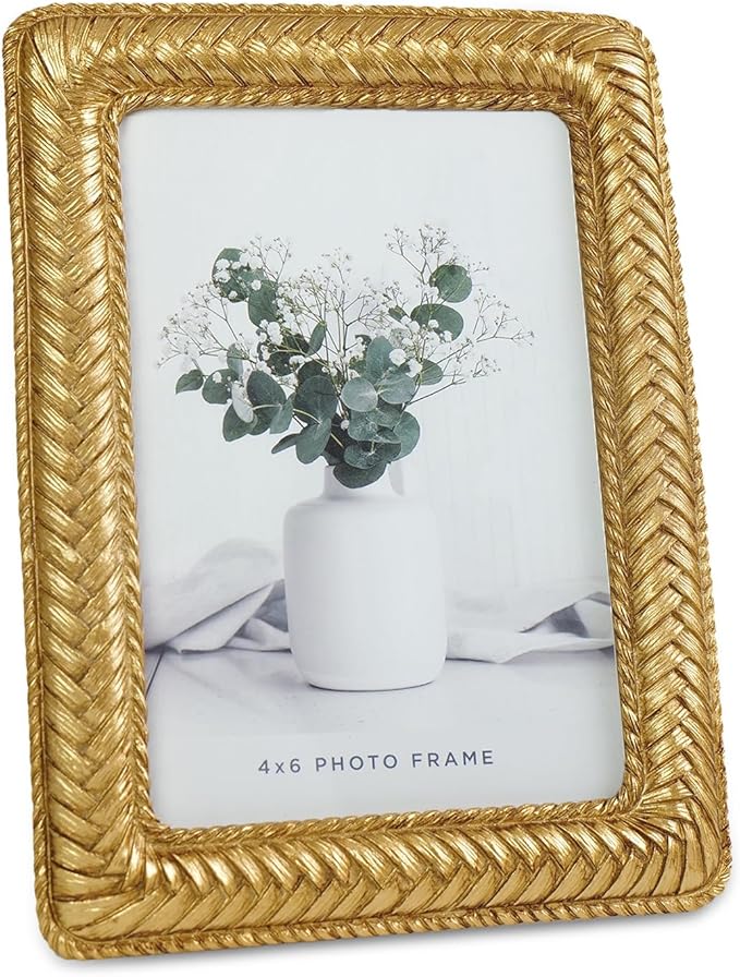 Cuspin 4x6 Gold Picture Frame, Ornate Decorative Rattan Resin Photo Frame, Gold Frames Braided Design for Tabletop Display or Wall Hanging, Elegant Home Decor