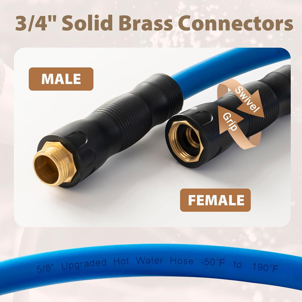 5/8" Hot/Cold Water Hose 15ft, -50℉ To 190℉ Heavy Duty,Flexible,Burst 600 Psi 3/4" Brass Fittings with Swivel Grip Handle for Outdoor,Yard, Farm, Blue