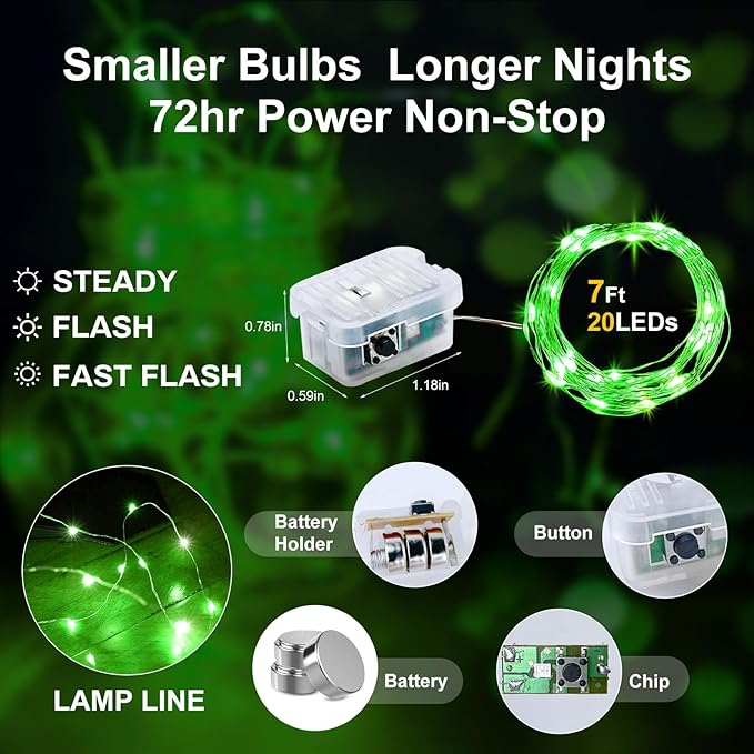 Aogist 50 Pack Fairy Lights 3 Modes 7ft 20 LED Waterproof,Battery Operated Silver Wire Firefly Starry Moon Mini String Lights for Mason Jars Christmas DIY Crafts Wedding Party Bedroom,Green