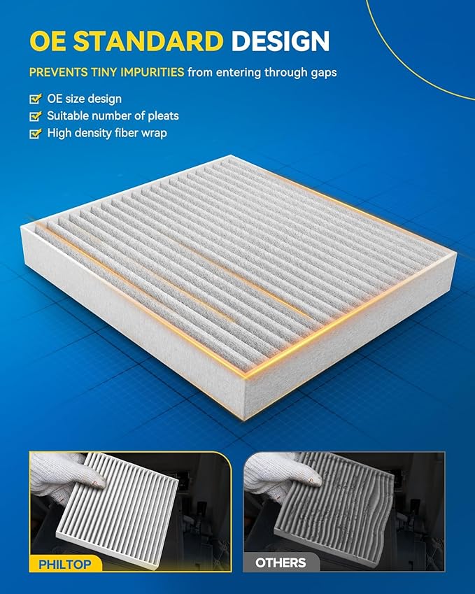 PHILTOP Cabin Air Filter w/Activated Carbon, Compatible with CF10374 Toyota Tacoma 2005-2023, Dodge Dart 2013-2016, Pontiac Vibe 2003-2008, Carbon Filter Up Dust Pollen Odor, Pack of 2